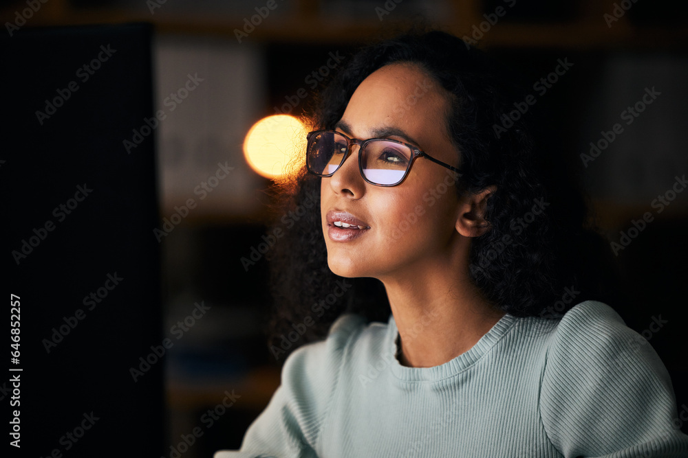 Student, woman and computer for night reading, online education or university research in dark. Youn