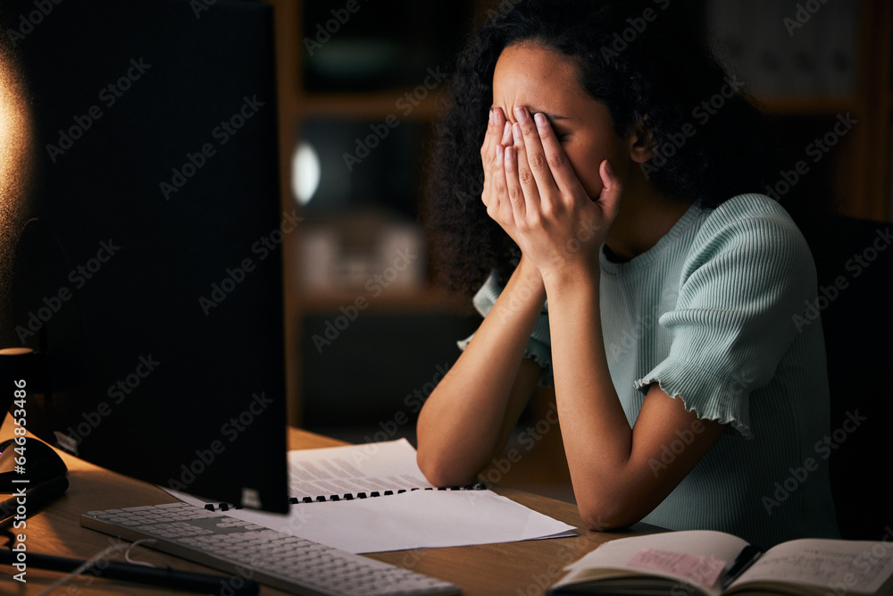 Office woman, sad and tired on computer for night research, marketing mistake, copywriting and deadl