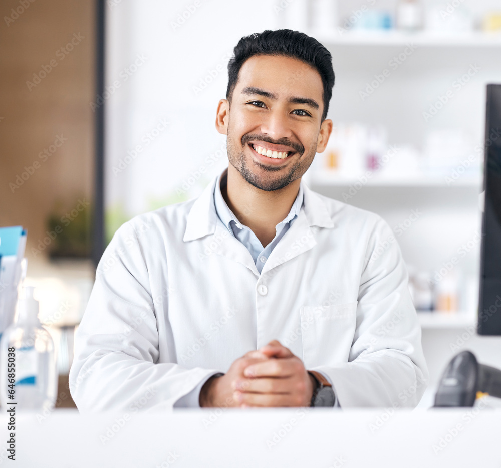 Man, pharmacy and portrait with happy and smile of pharmacist ready for healthcare support and work.