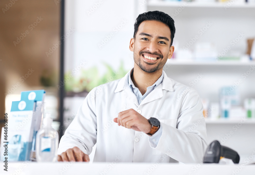 Man, pharmacy and shop portrait with happy and smile of pharmacist ready for healthcare support and 