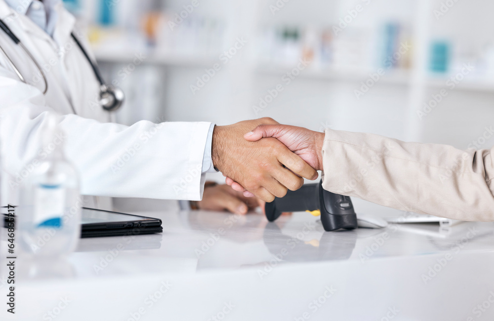 Pharmacist, doctor and shaking hands for pharmacy, medical support and customer. services at desk. P