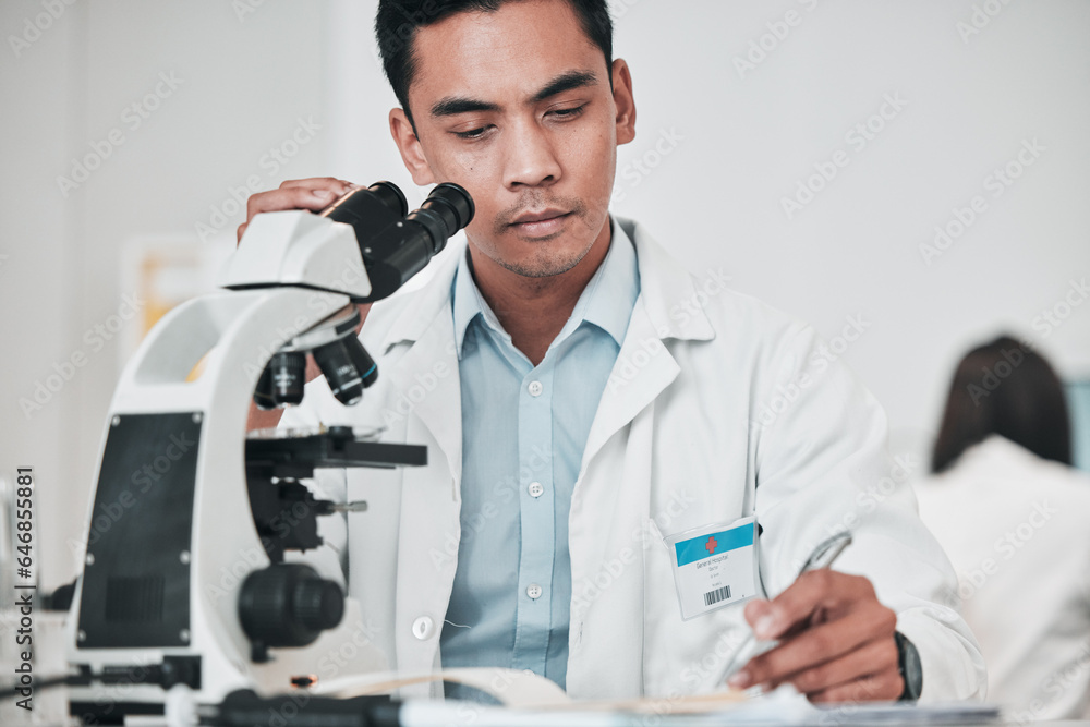 Science, microscope and man writing data, test results and research report for medical analysis of D