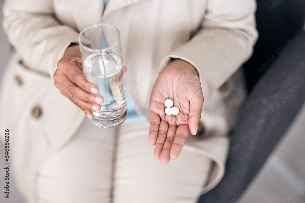 Water, medicine and pills with hands of person for healthcare, prescription and supplements. Medical