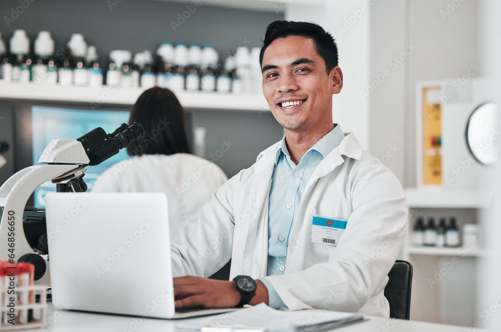 Science, man and portrait at laptop in laboratory for planning innovation, research and biotechnolog