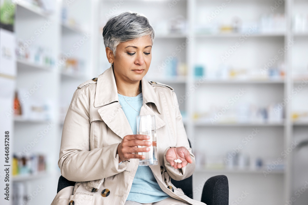 Pharmacy, medicine and pills with senior woman in store for healthcare, prescription and supplements