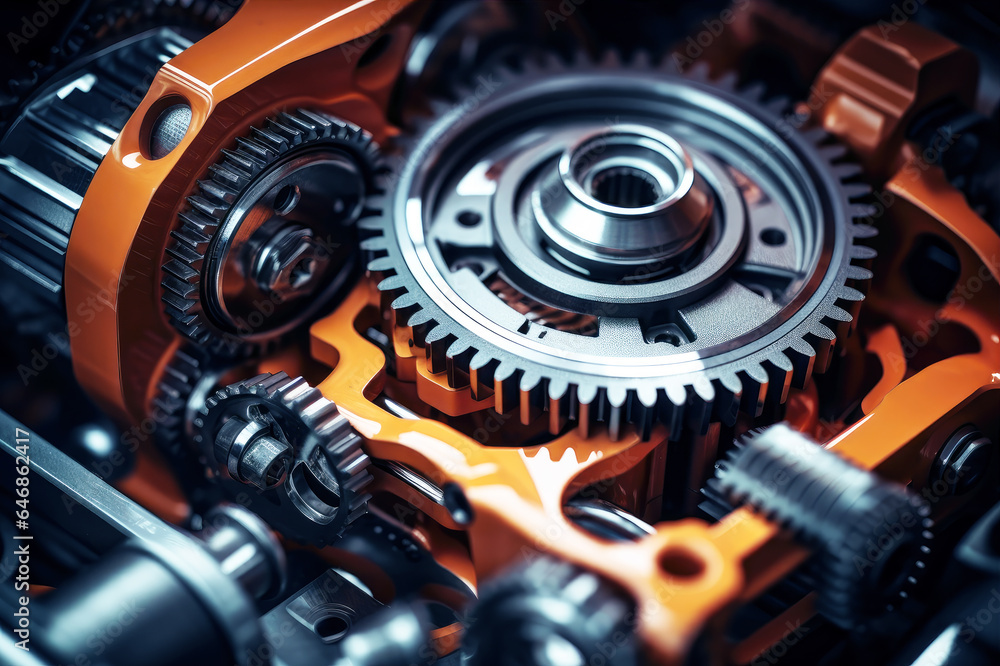 Engine with cogwheels and gears working. Industrial close-up