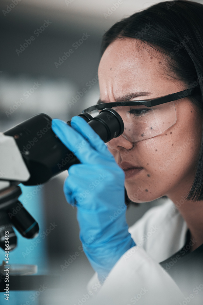 Science, microscope and Asian woman in laboratory with glasses for research, analysis and study. Mic