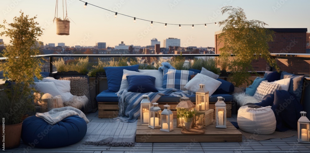 Rooftop terrace decorated with outdoor lighting and pillows