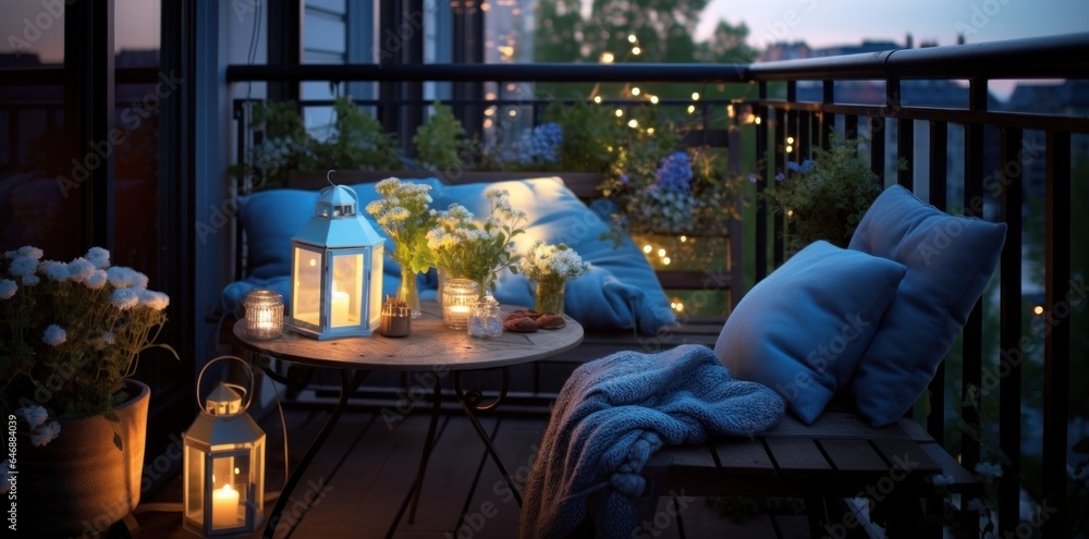 Rooftop terrace decorated with outdoor lighting and pillows