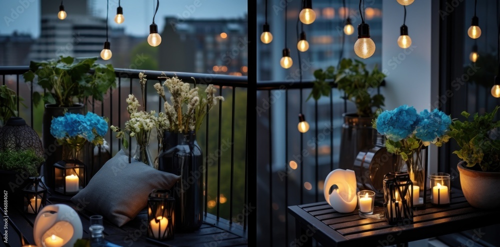 Rooftop terrace decorated with outdoor lighting and pillows