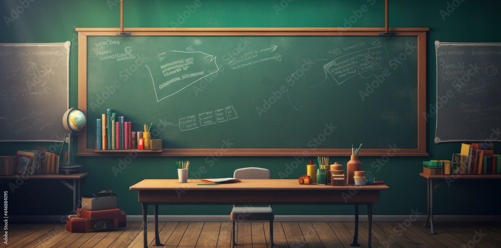 A classroom with a blackboard, desk, pens, and school supplies