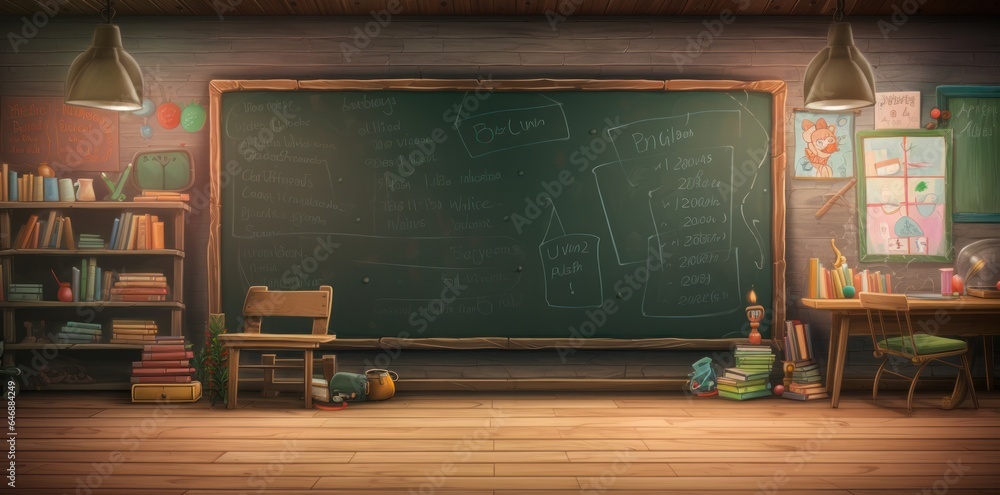 A classroom with a blackboard, desk, pens, and school supplies