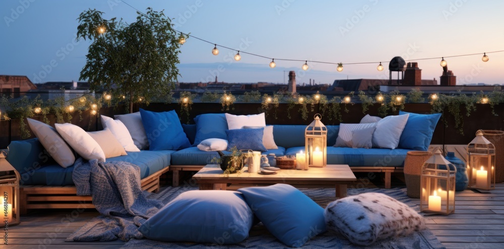 Rooftop terrace decorated with outdoor lighting and pillows