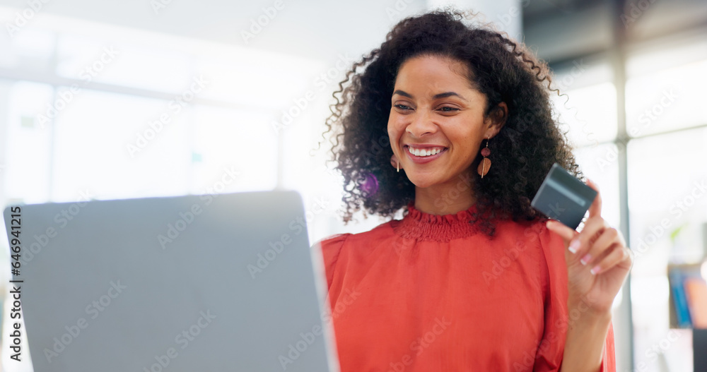 Laptop, happy and business woman with credit card for internet purchase, payment and online shopping