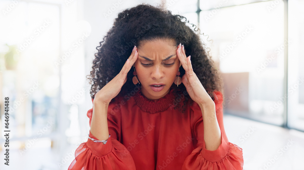 Laptop, typing and business woman with headache, pain or feeling sick in office workplace. Mental he