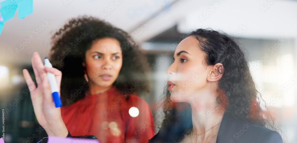 Planning, strategy and business women on glass board teamwork, collaboration and creative ideas for 