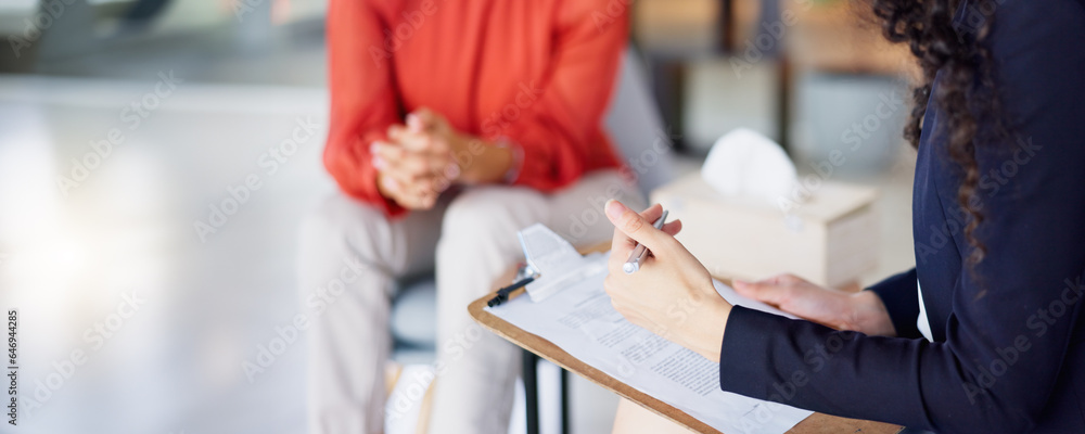 Clipboard, therapy and listening with people hands for depression, mental health or psychology advic