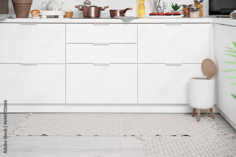 Interior of modern kitchen with stylish rug, trash bin and white counters