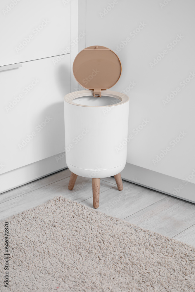 Trash bin and stylish rug on floor in kitchen, closeup