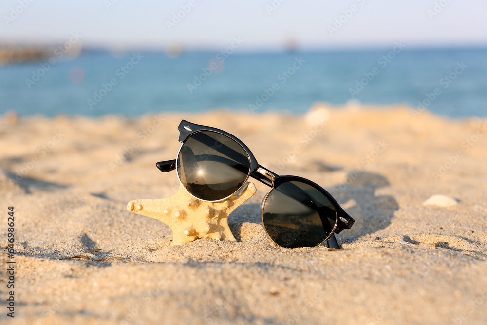 Stylish black sunglasses and starfish on seashore