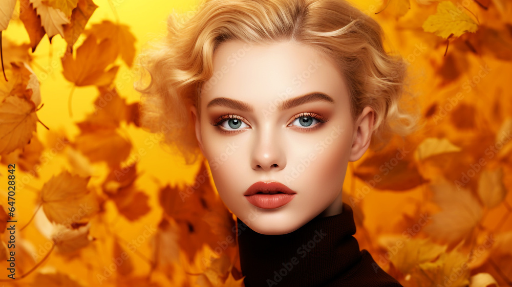 Beautiful model with autumn leaves