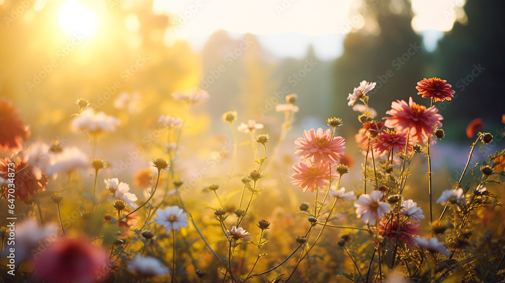 Field full of autumn flowers at sunrise