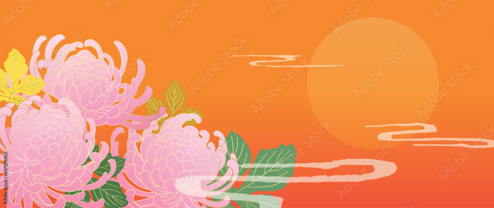 Happy Chinese new year luxury style pattern background vector. Oriental pink flower gold line art te