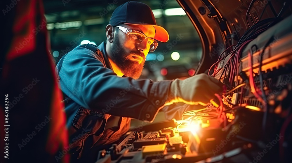 A technician check the electrical system inside the car. Car mechanic working repair in auto repair 