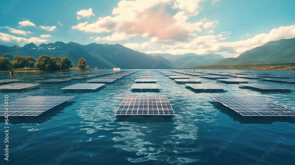 Floating solar farm on a serene lake, harnessing solar energy while minimizing land use. Clean energ