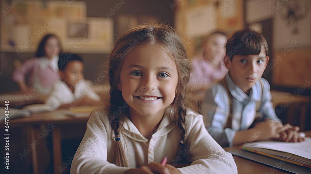 Group of children studying in the classroom. learning and sitting at the desk. young cute kids smili