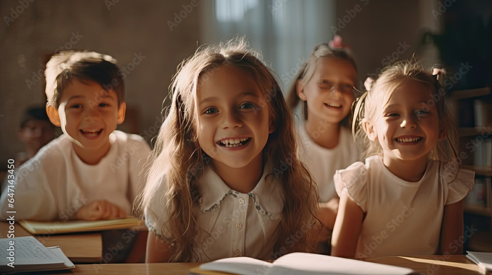 Group of children studying in the classroom. learning and sitting at the desk. young cute kids smili