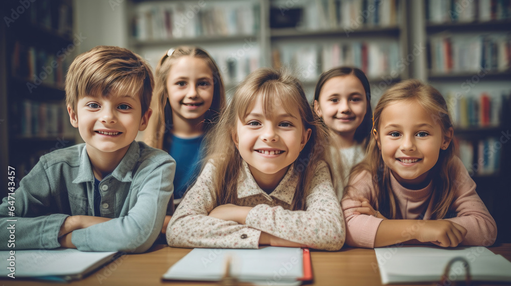 Group of children studying in the classroom. learning and sitting at the desk. young cute kids smili