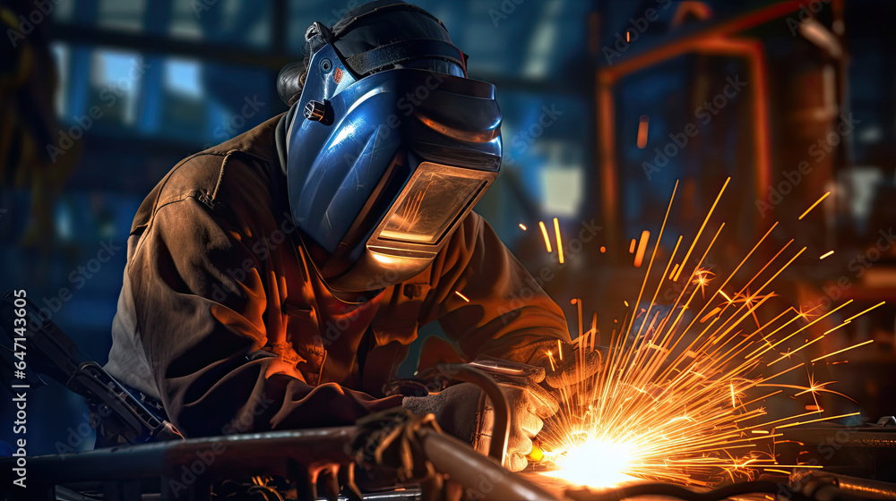 Worker or Welder wear safety gear who perform arc welding in the factory. Generative Ai