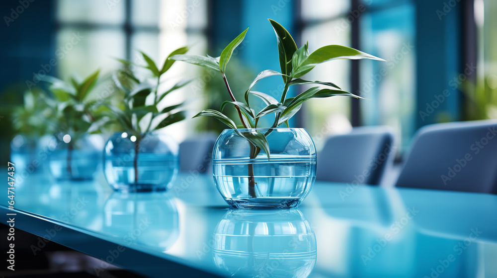 Modern minimalist corporate conference room with glass table in blue shades. Generative AI