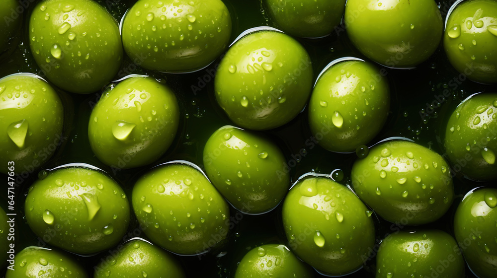 Fresh green olives with water drops background. Vegetables backdrop. Generative AI