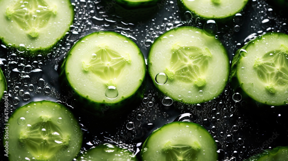 Fresh green cucumber slices with water drops background. Vegetables backdrop. Generative AI