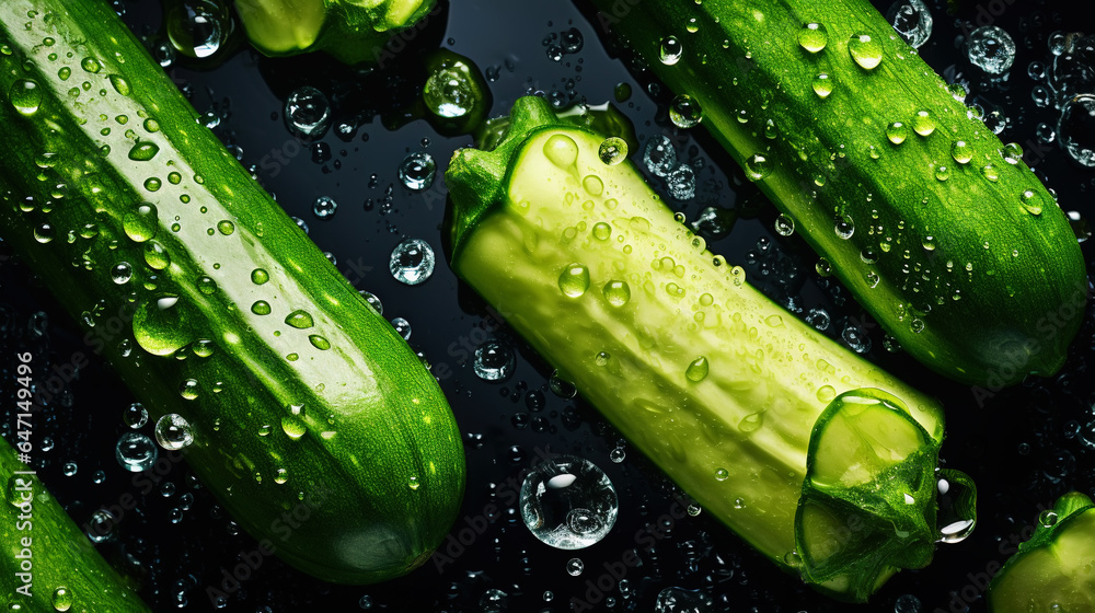 Freshgreen zucchini or courgettes with water drops background. Vegetables backdrop. Generative AI