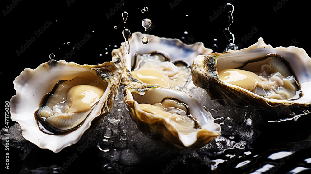 Top view on fresh oysters laying on crushed ice. Seafood background. Generative AI