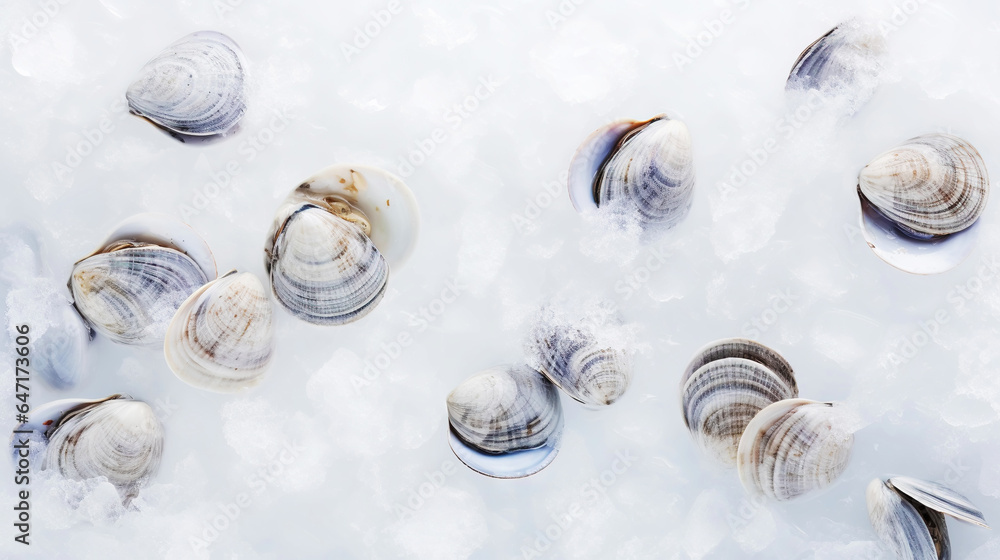 Top view on fresh clams in ice cubes. Sea food background. Generative AI