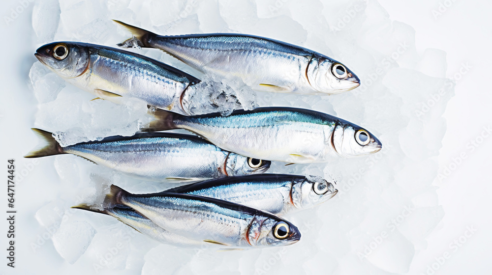  Fresh sardines on ice. Seafood background. Generative AI