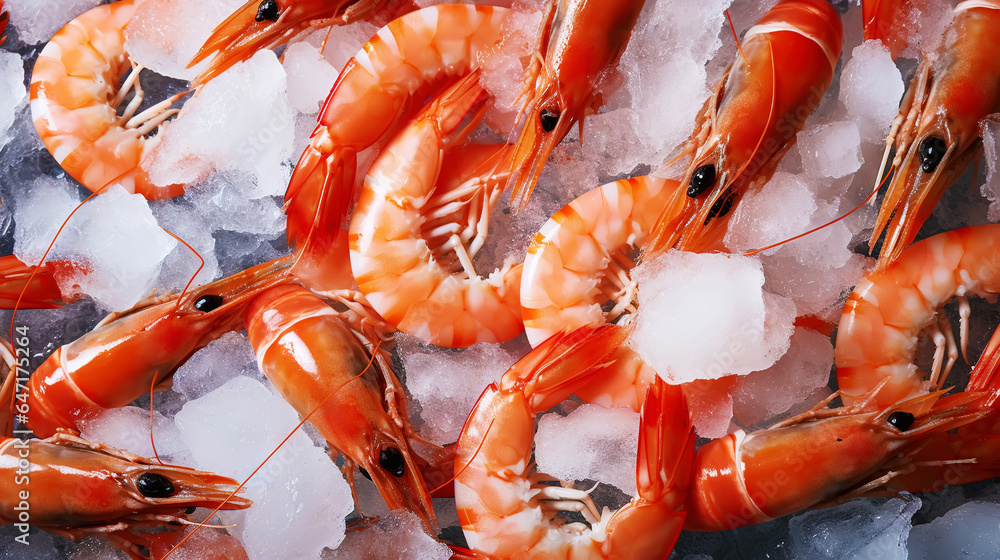 Top view of raw whole king prawns on ice. Seafood background. Generative AI