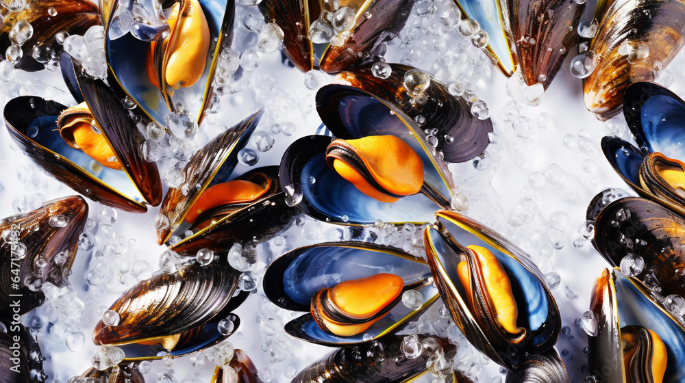 Raw Mussels on ice in the restaurant . Fresh seafood shellfish background. Generative AI