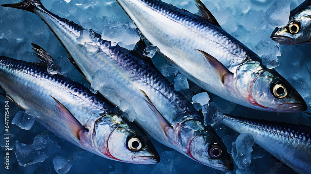 Fresh mackerel fish (Scomber scrombrus) on ice. Seafood background. Generative AI