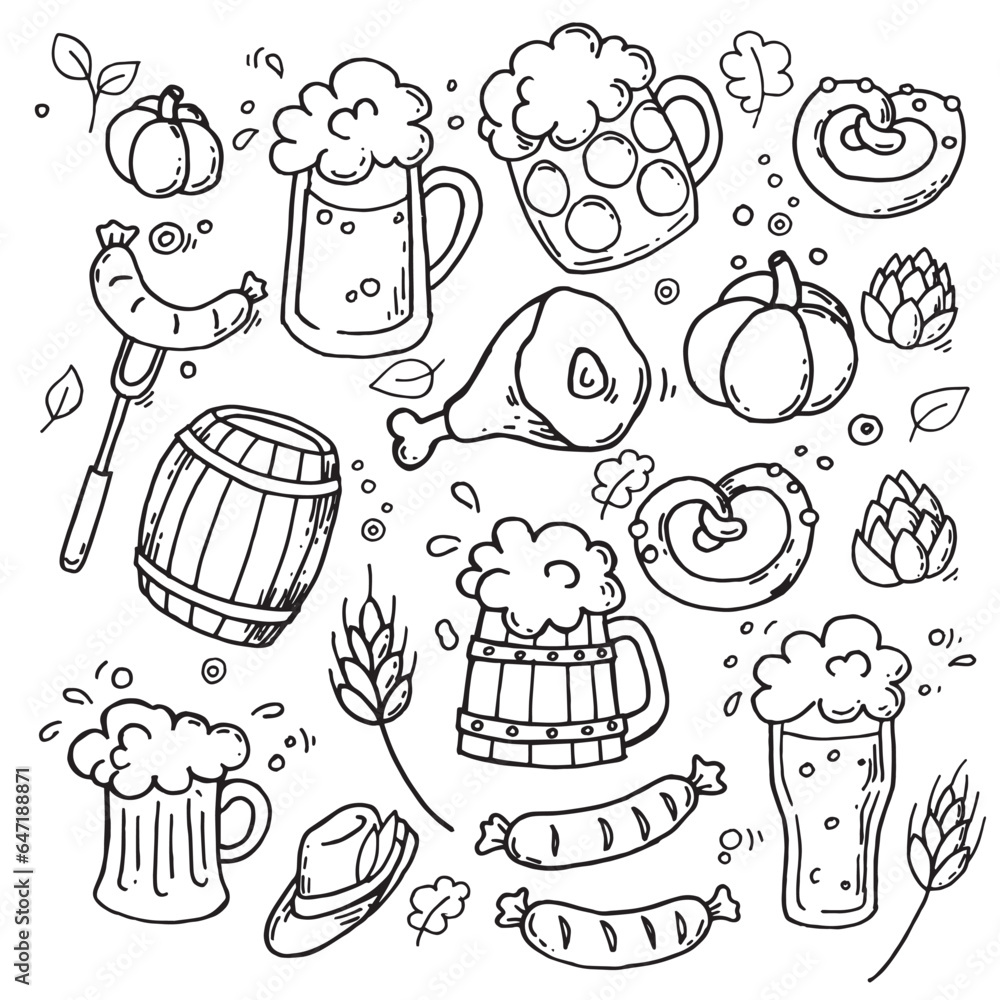 vector set in doodle style on the Octoberfest theme. cute simple drawings with beer, sausages, beer 