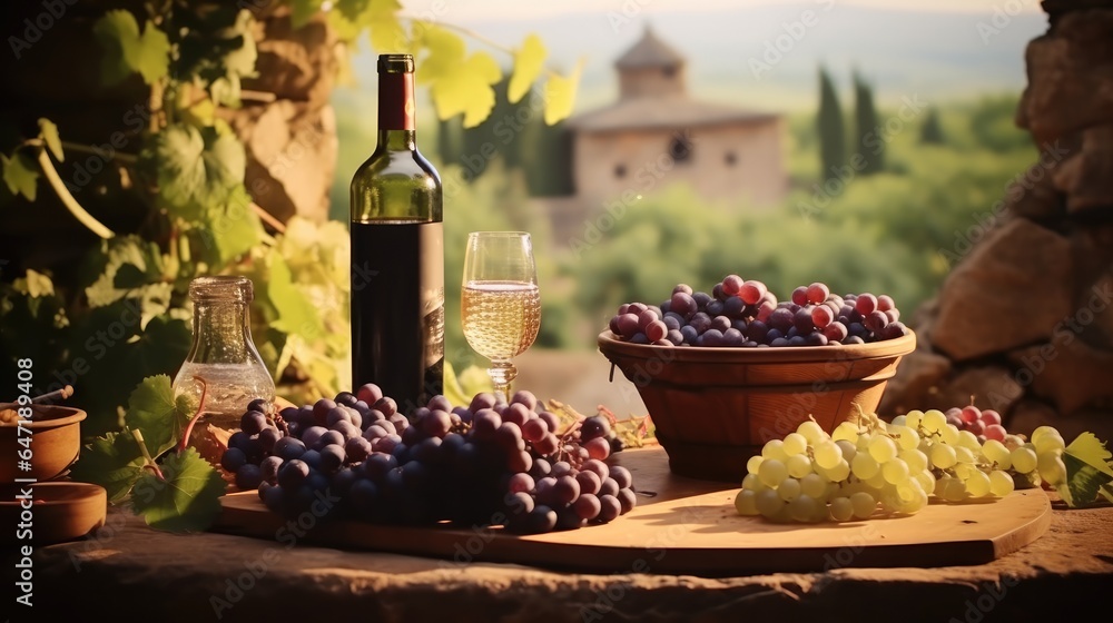 Bottles and wine glasses with grapes and barrel in nature background.