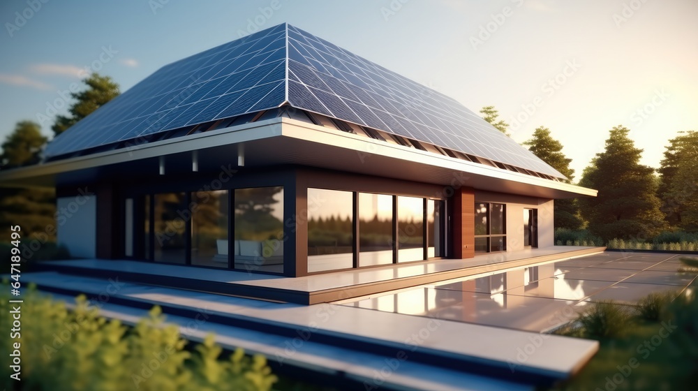 Modern home with solar panels on the roof.