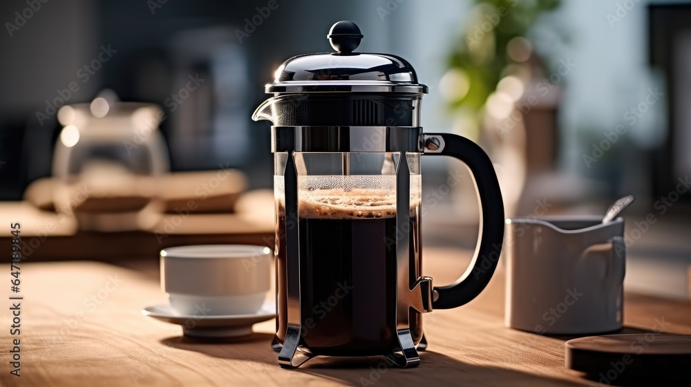 Coffee maker with black tea or espresso coffee on the kitchen.