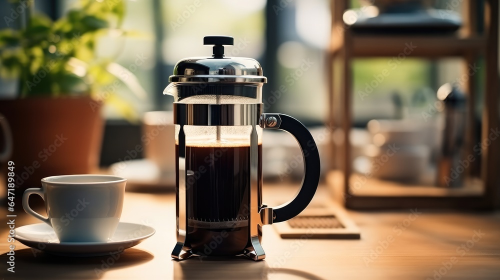 Comfort Foods, French press with black tea or espresso coffee on the kitchen.