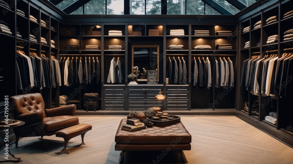 Mens clothing store, Luxury male wardrobe full of expensive suits, shoes and other clothes.