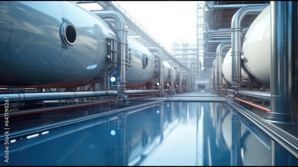 Large steel industrial tanks with metal pipes around in petrochemical plant industry factory.